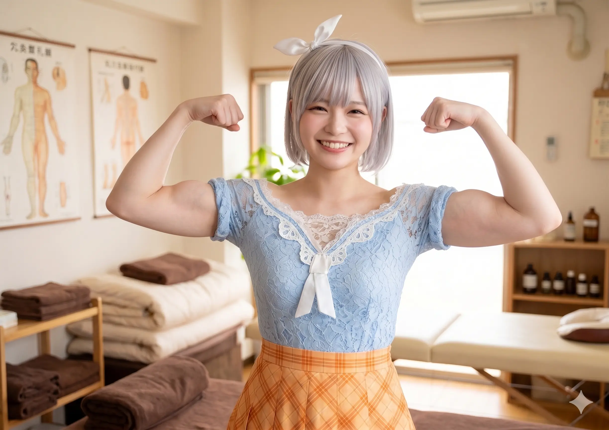 力こぶを作り、溢れるエネルギーと共にその強靭な肉体をフルパワーで披露する女性、Fuaの画像