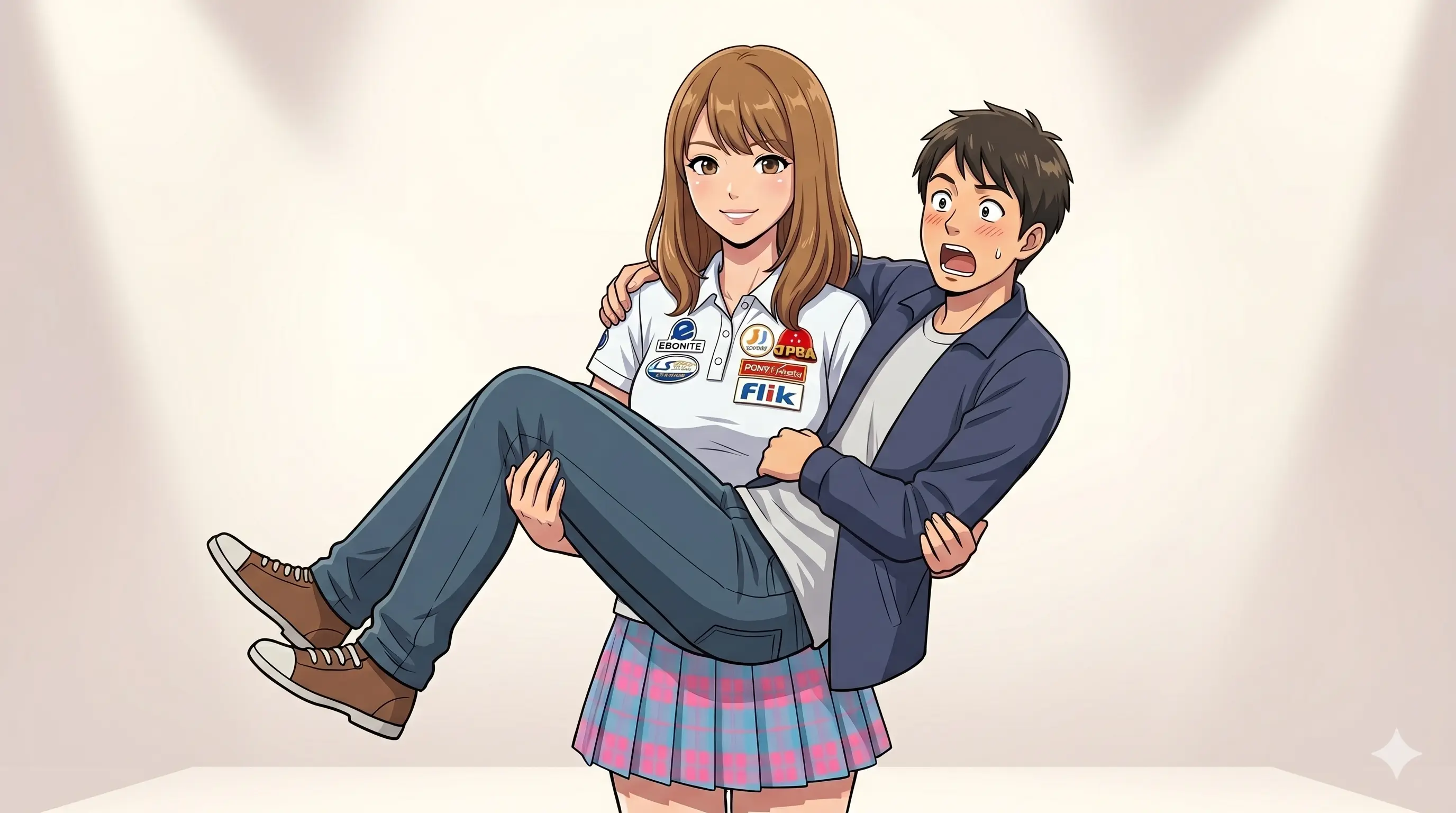 171cmの長身プロボウラー本間成美がかわいいユニフォーム姿のまま抜群の体幹と腕力で成人男性をひょいとお姫様抱っこして空中拘束しているイラスト