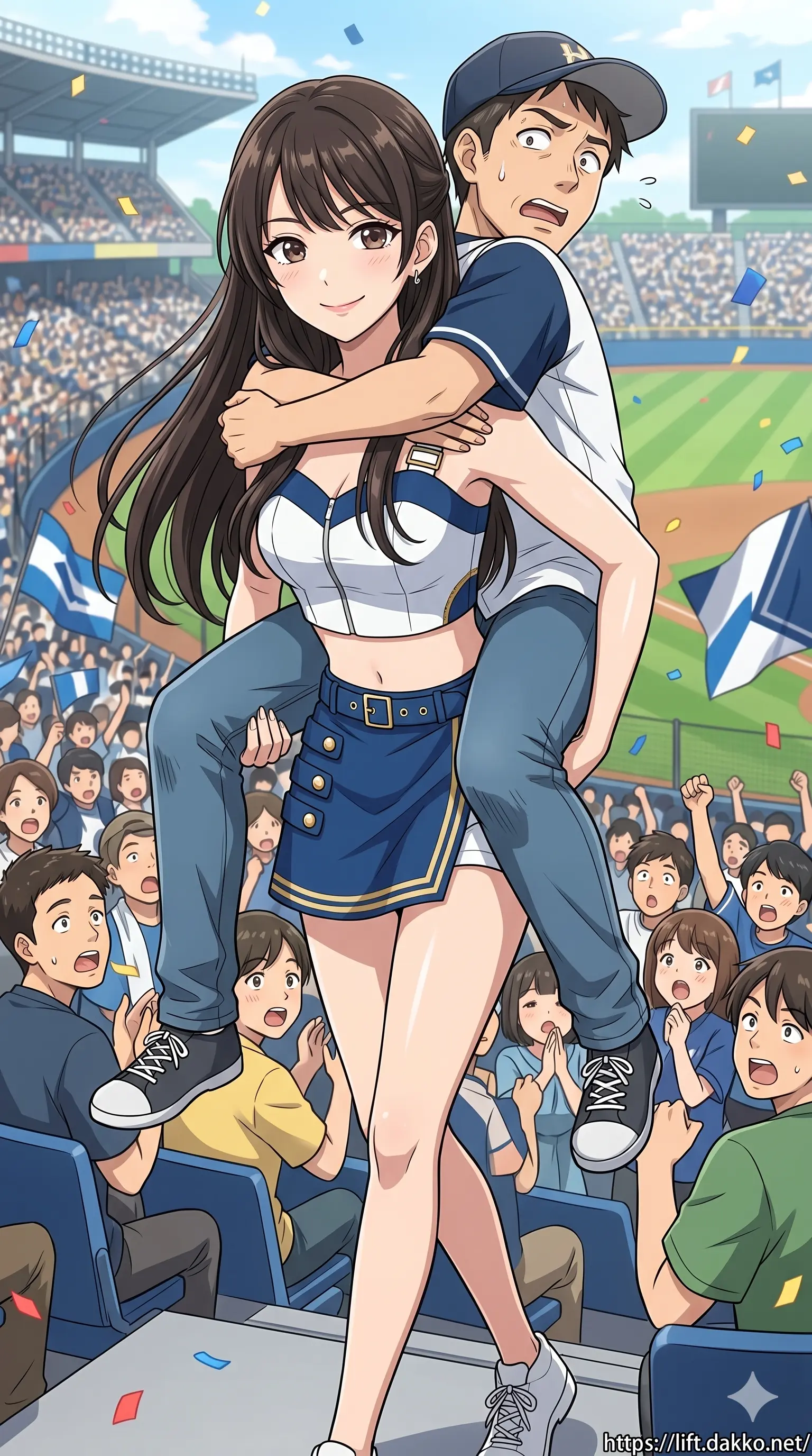非常に細身なチアガール・慈妹（ジメイ）が、日頃のダンスで鍛えたぶれない体幹と脚力で男性をガッチリとおんぶしてスタンドの階段を歩く、9:16縦長サイズのアニメ調アイキャッチ画像