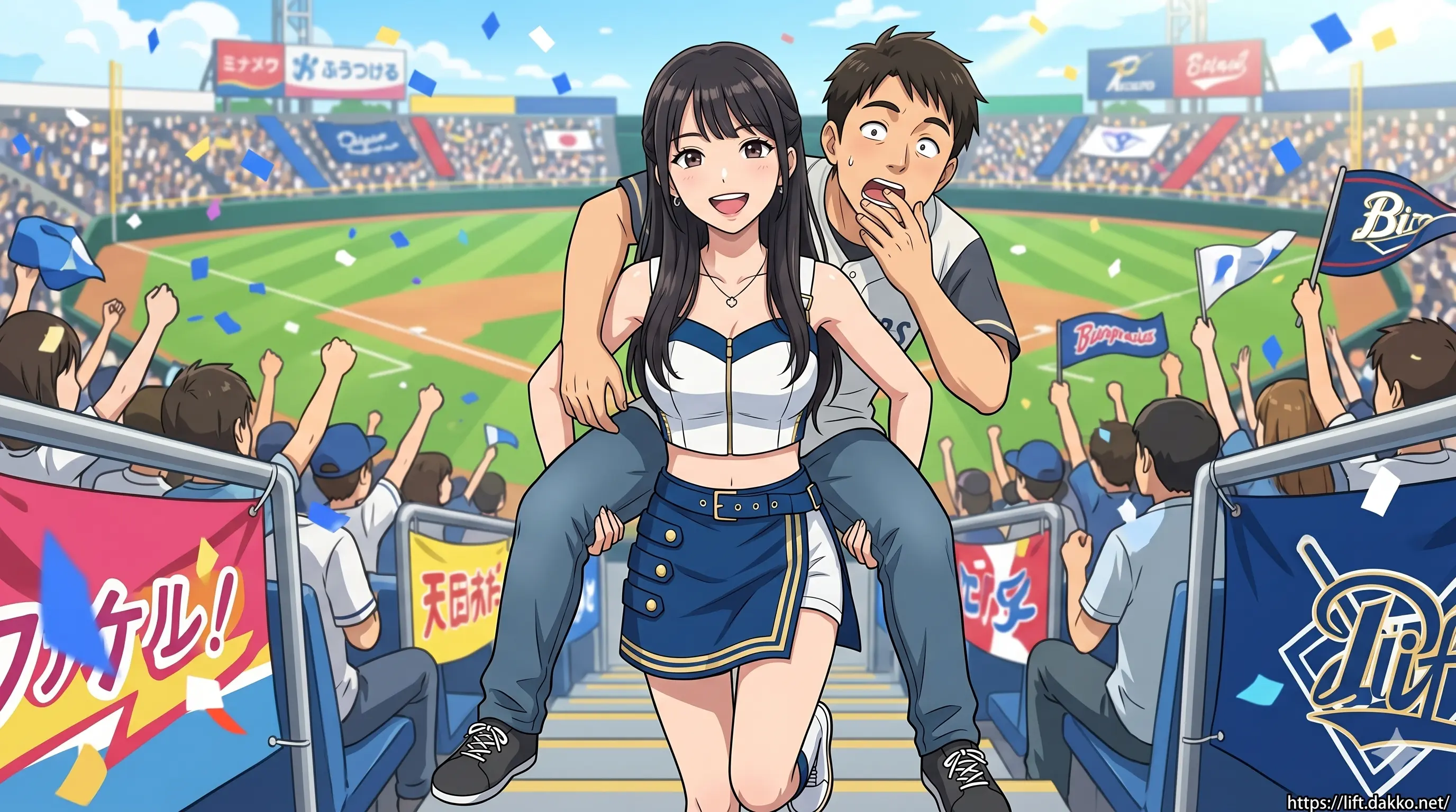 Fubon Angelsの小柄なチアリーダー・慈妹（ジメイ）が、野球場のスタンドで男性を軽々とおんぶし、驚く男性を背負いながら天真爛漫な笑顔を見せる16:9横長サイズのアニメ調アイキャッチ画像