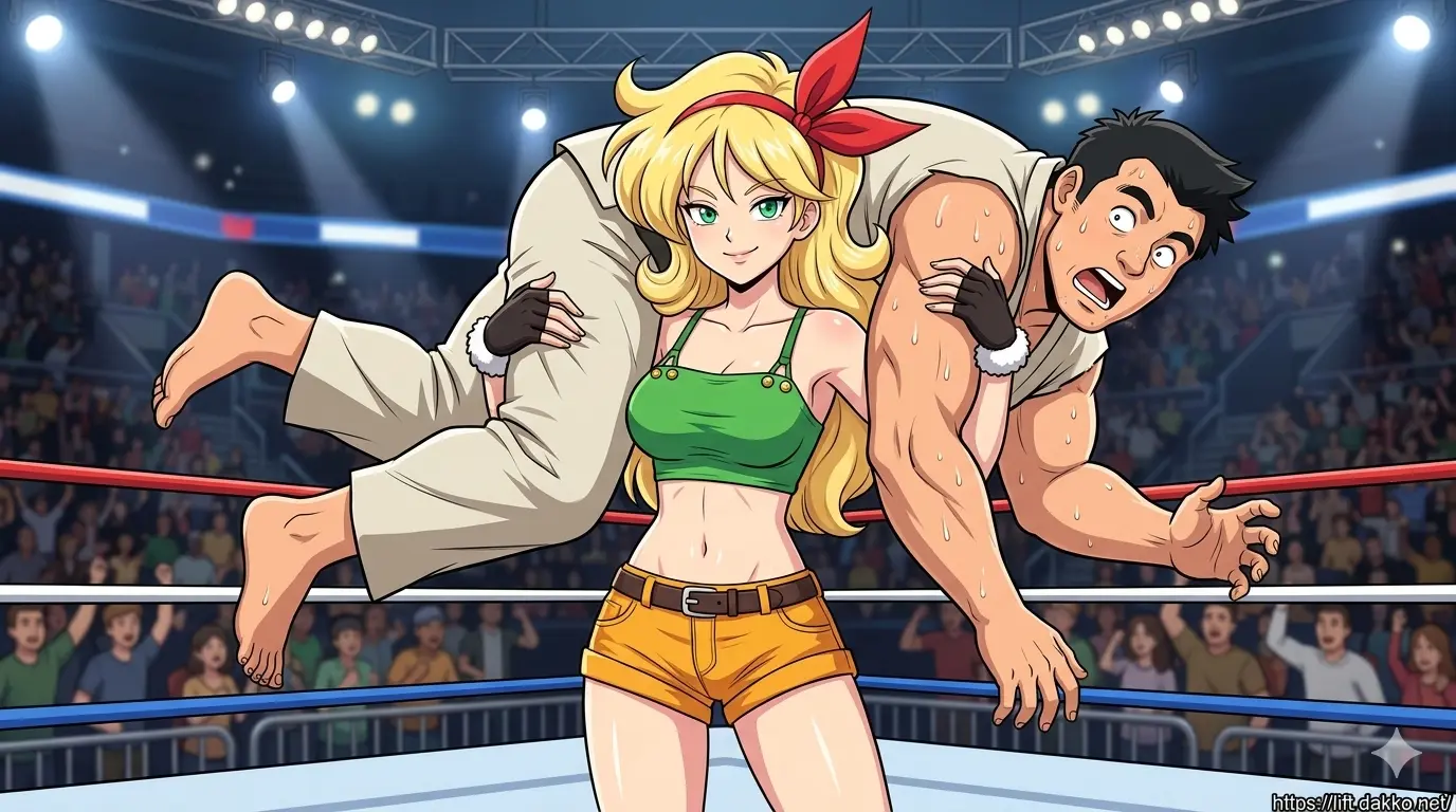 プロレスリングの上で、細身でスタイル抜群の金髪ランチさんが大柄な男性を余裕の笑顔で肩に担ぎ上げ（ファイヤーマンズキャリー）、圧倒的なホールド力と体幹の強さを見せつけているセル画風アニメイラスト