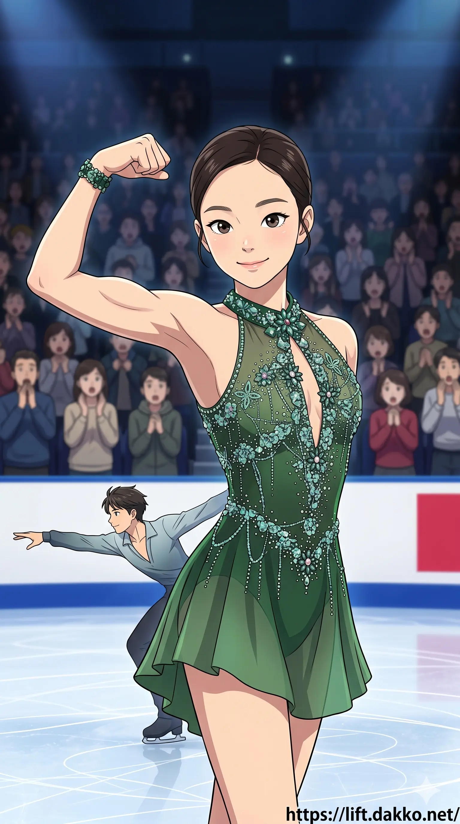 アイスダンスの衣装を着た本田真凜というかわいい女性アスリートが、観客の前で右腕の美しい力こぶを誇らしげに隆起させてアピールしている2Dアニメ調イラスト