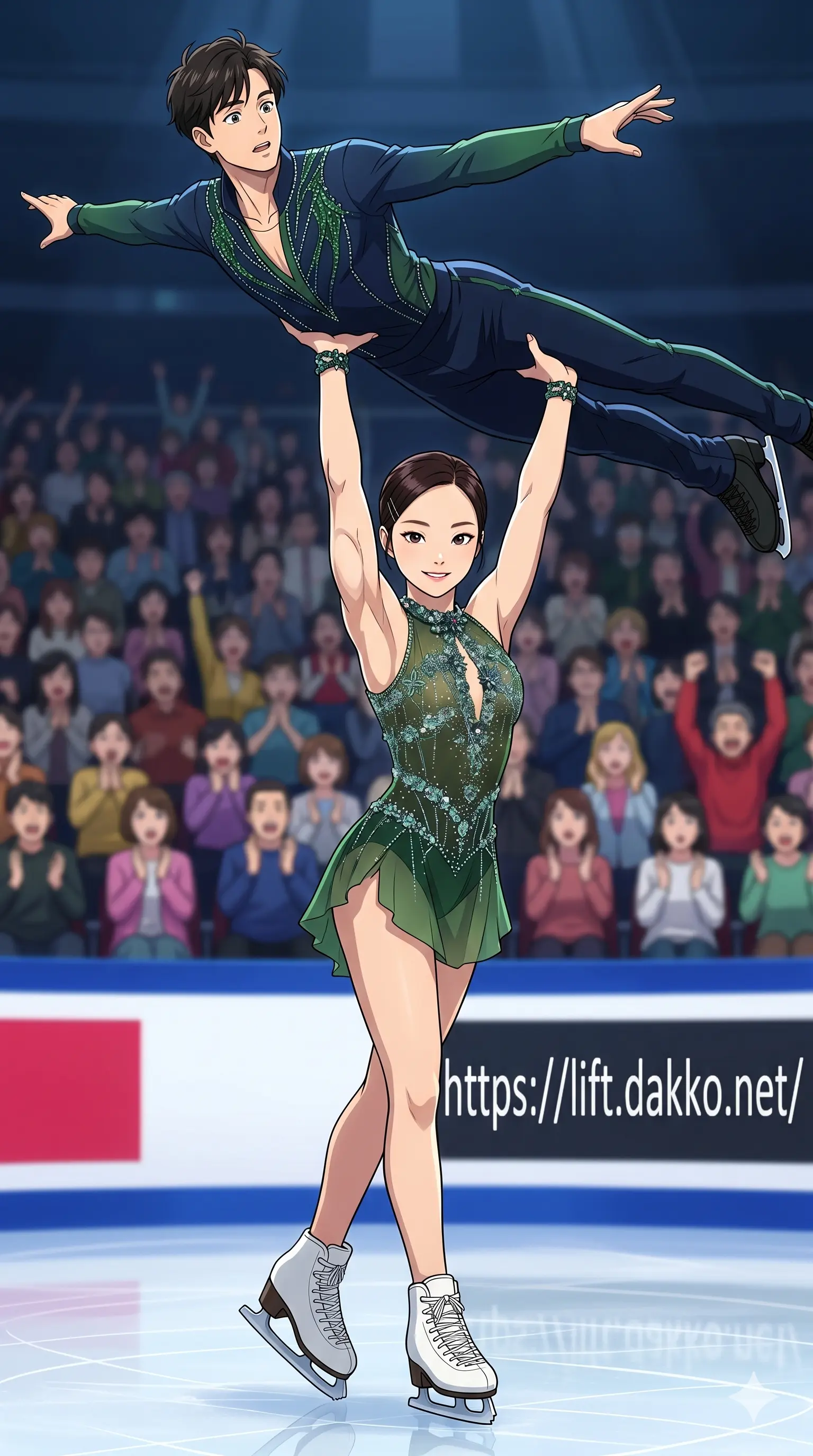 スレンダーで細身な本田真凜似の女性フィギュアスケーターが、強靭な体幹と筋力で男性パートナーを氷上で軽々とオーバーヘッドリフトしている2Dアニメ調イラスト
