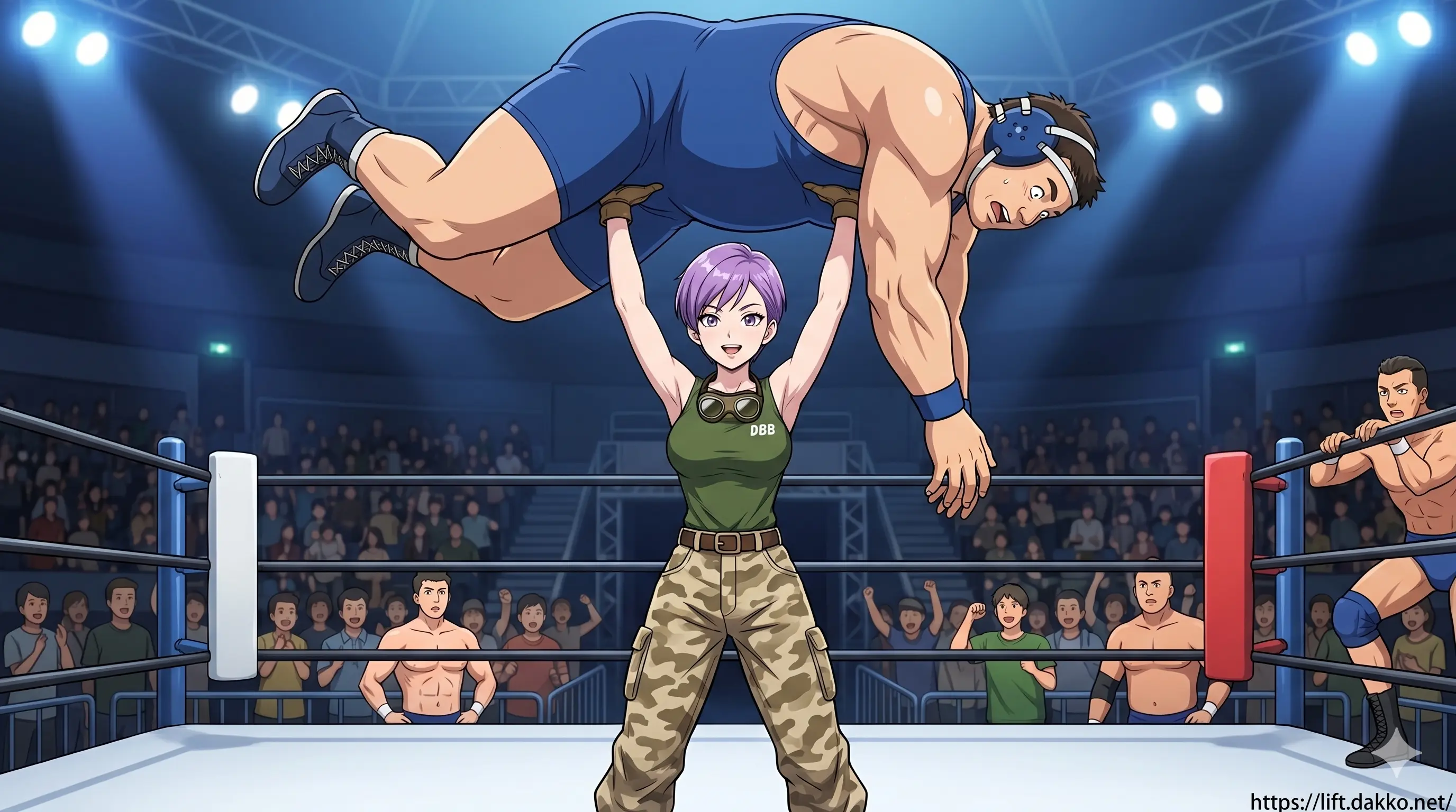 レッドリボン軍の制服姿で大柄な部下の男を軽々と肩に担ぎ上げるバイオレット大佐の怪力リフトアップシーン