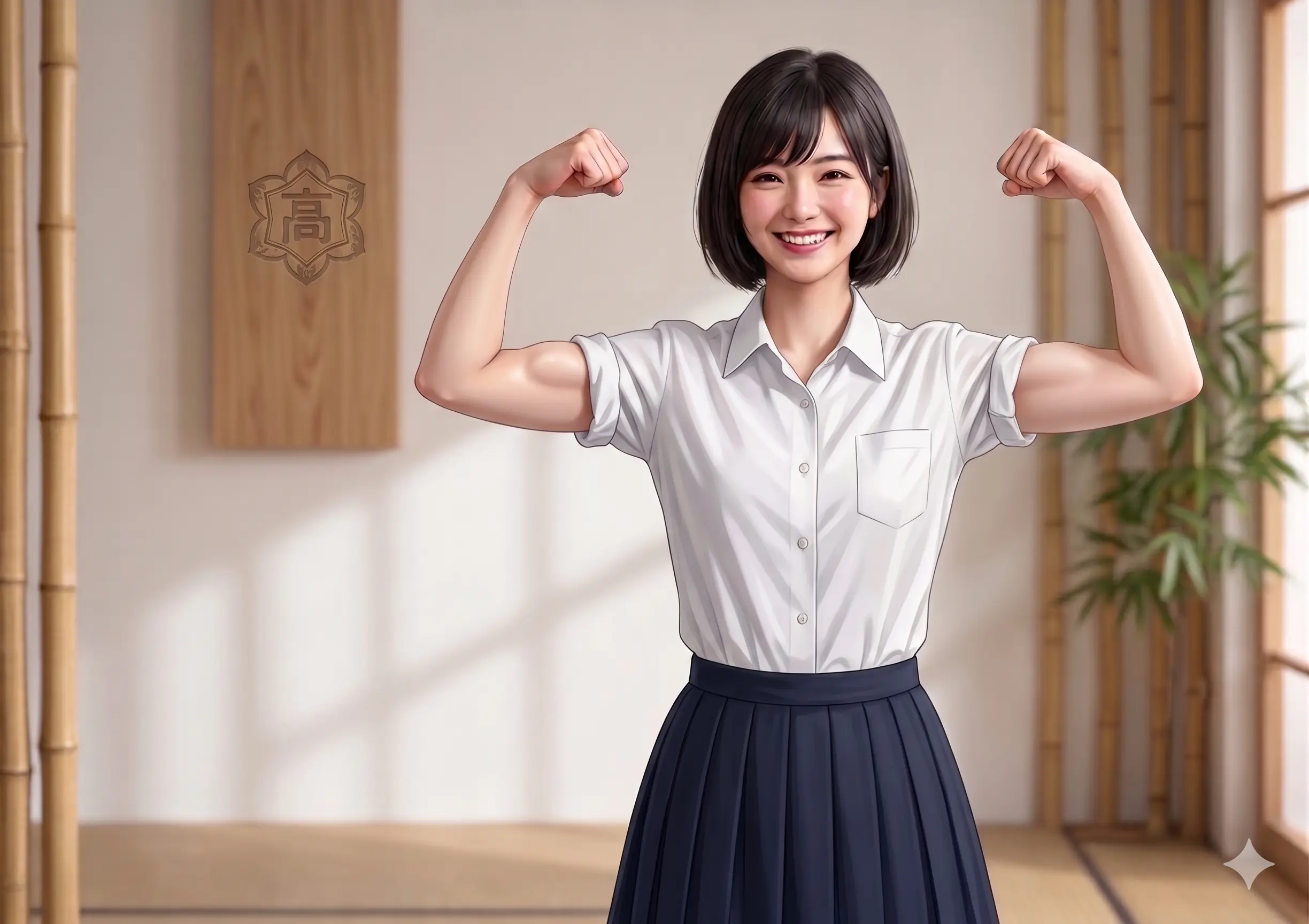 女子高の制服で力こぶを作り、溢れるエネルギーと共にその強靭な肉体を披露する女性、Sakuraの画像